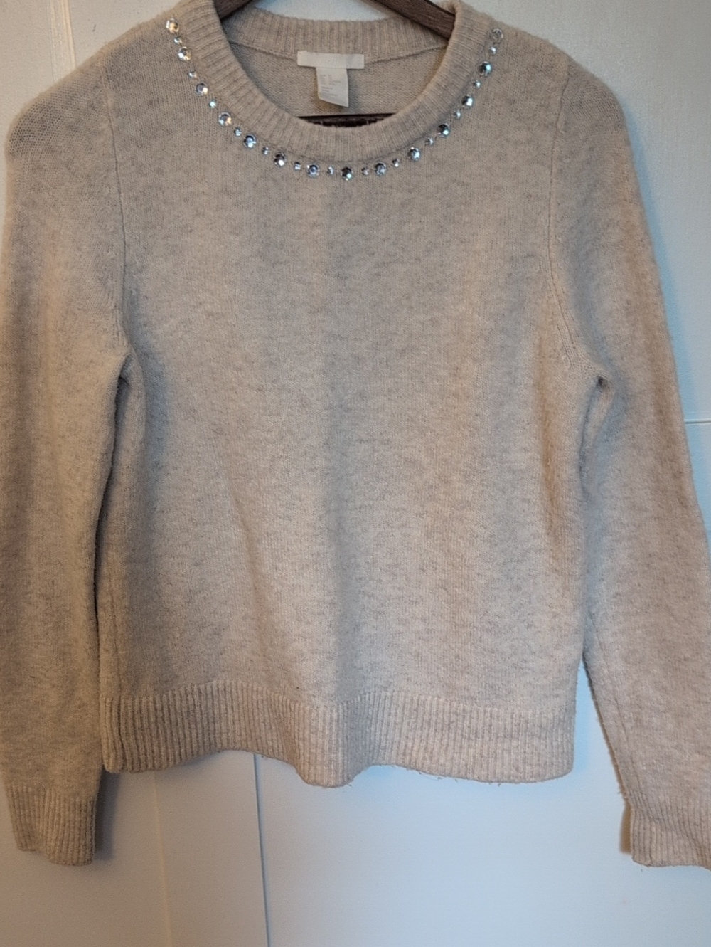 H&M Beige Crewneck Sweater with Rhinestone Trim